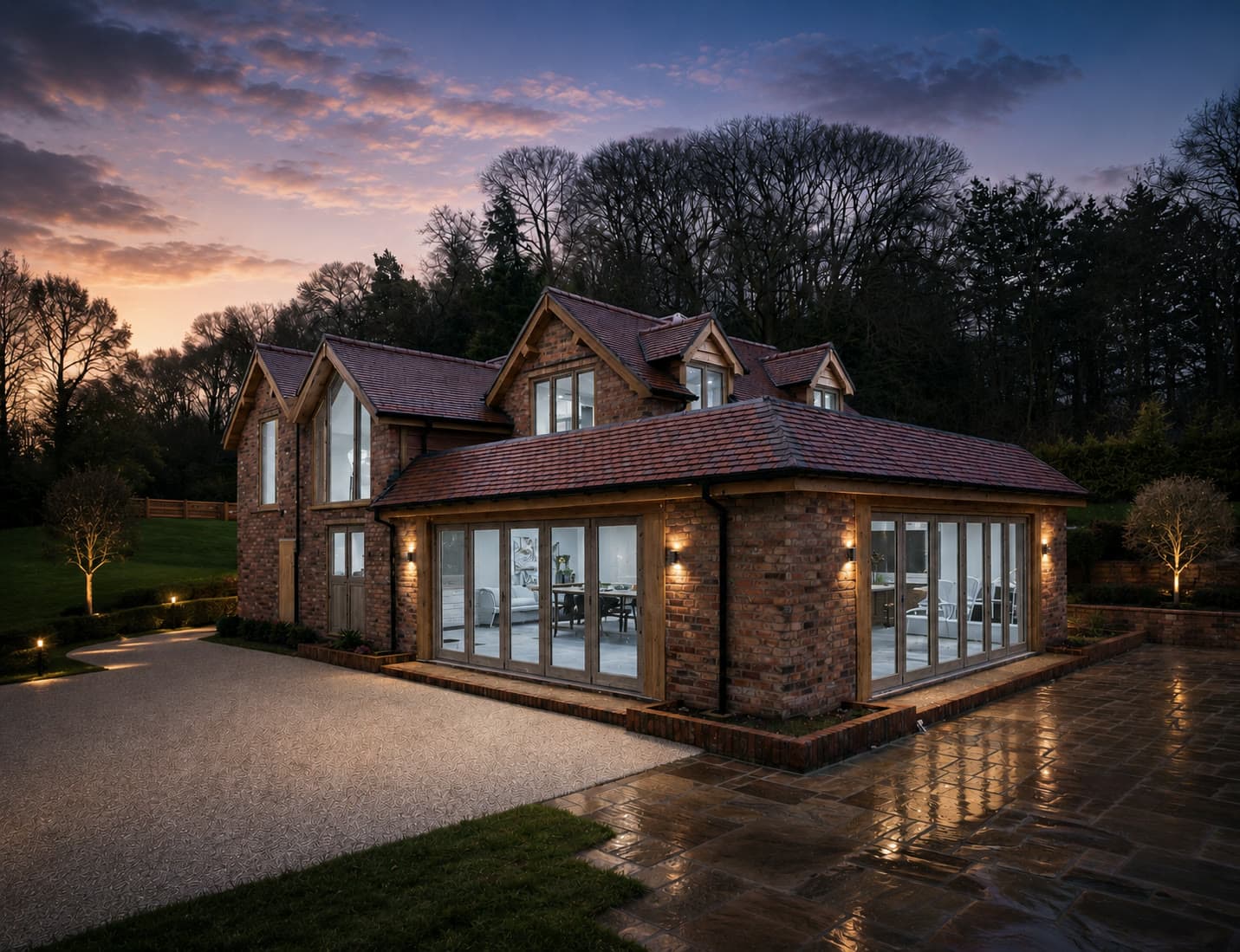 Brick country house at dusk with oak-framed gable glazing and bifold doors lit from within
