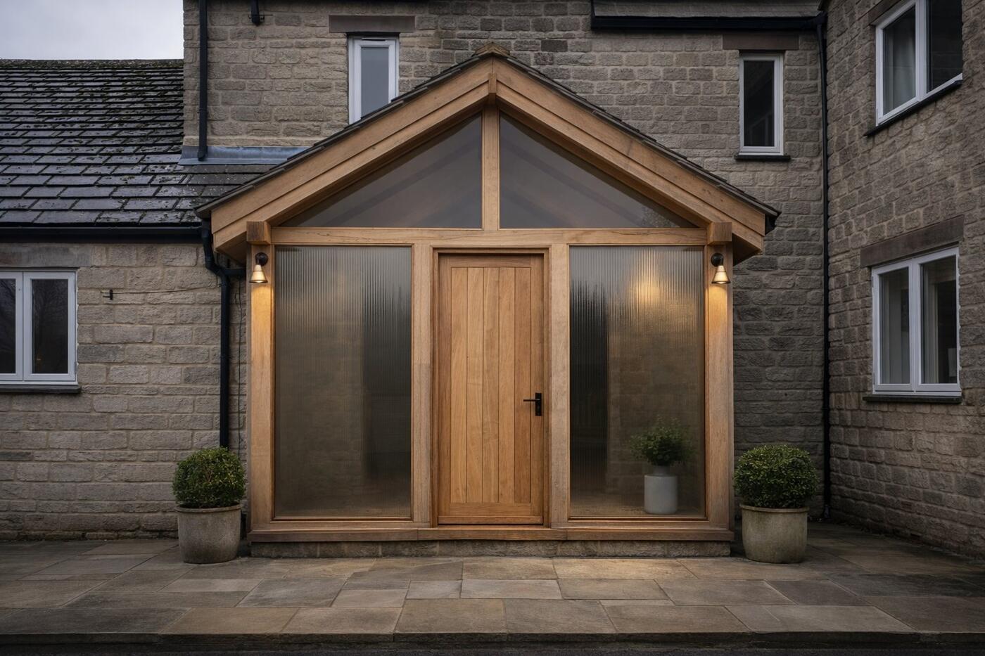 Oak framed entrance porch on Cotswold stone cottage